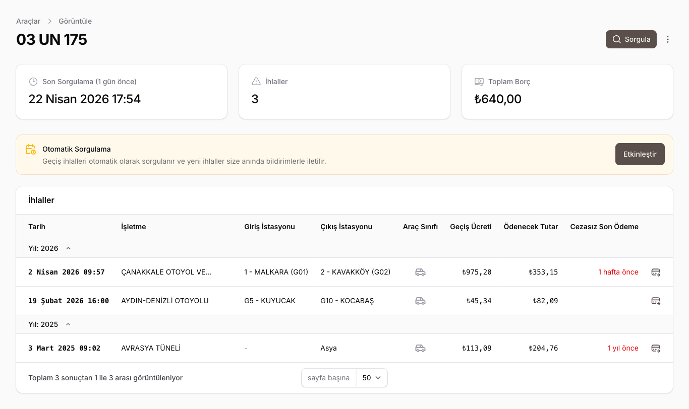 Araç detayı ve ihlaller